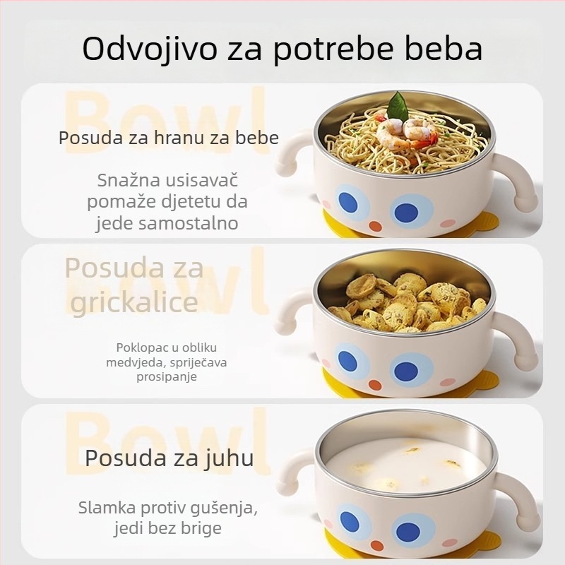 Dojenčja izolirana posuda od nehrđajućeg čelika s usisnom bazom – alat za rižinu kašu, dječji pribor za jelo, za bebe od 6 mjeseci