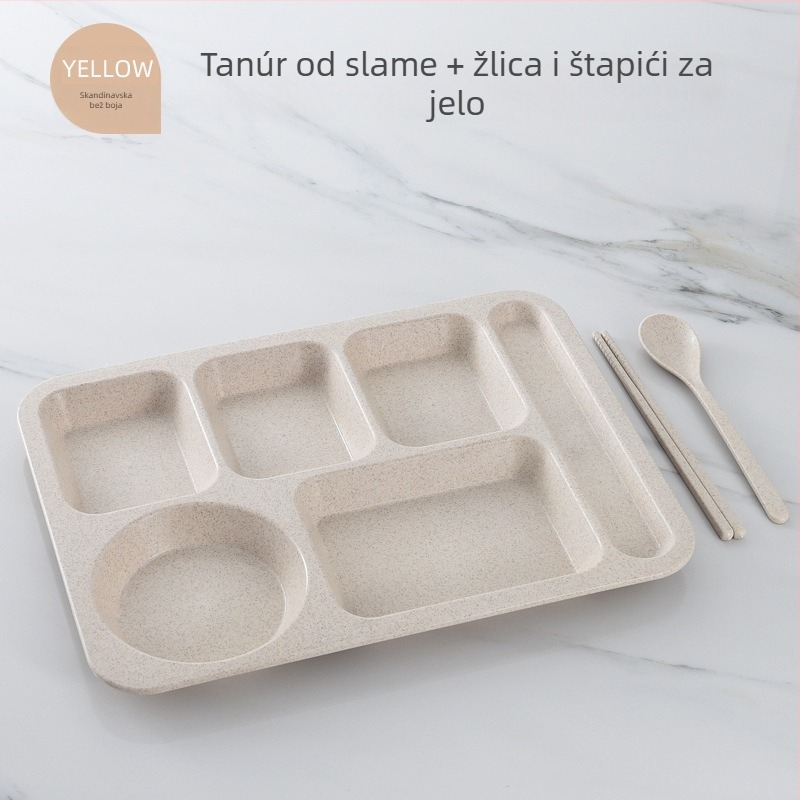 Podijeljeni set tanjura od pšenične slame, četvrtastog oblika, mikrovalno siguran, ekološki, skandinavski stil