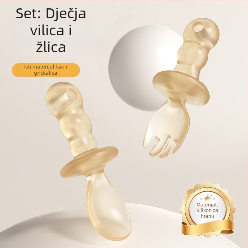 Set dječjih pribora za jelo: žličica s kratkom drškom i edukativna vilica, silikon za prehranu, za djecu od 6 mjeseci, 1-dijelni set, minimalistički stil, svježe i slatko