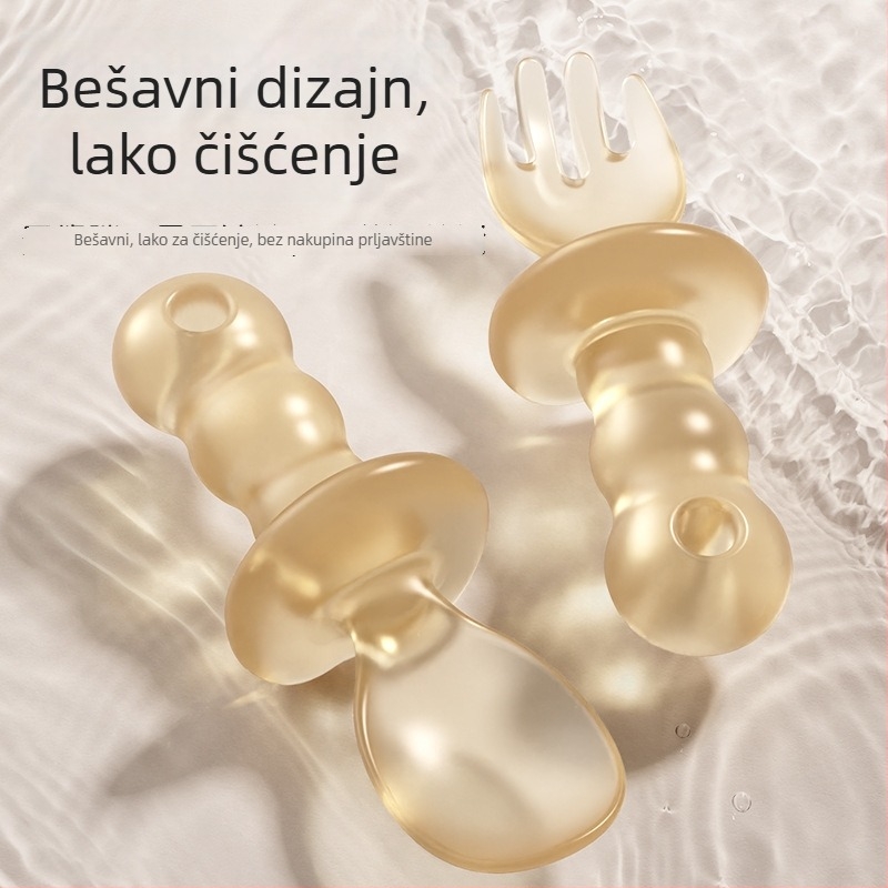 Set dječjih pribora za jelo: žličica s kratkom drškom i edukativna vilica, silikon za prehranu, za djecu od 6 mjeseci, 1-dijelni set, minimalistički stil, svježe i slatko