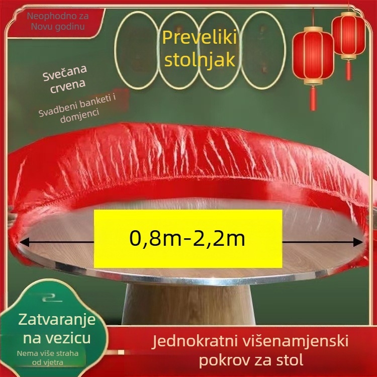 Jednokratna prozirna pokriva za okrugli stol, debeli PE, rastezljiv rub s vrpcom za zatezanje; pogodna za kućne proslave i vjenčanja.