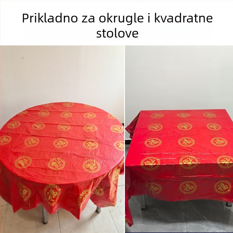 Shuntai svadbeni jednokratni plastični stolnjak, okrugli, 0,03 mm debljina, motiv s riječju sreće