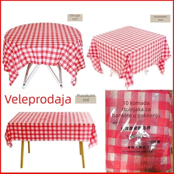 Crveni karirani jednokratni plastični stolnjak, debeli, vodootporan i otporan na masnoće.