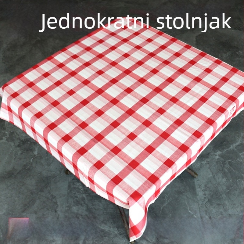 Jednokratni stolnjak od kamene tkanine, deblji, vodootporan i otporan na masnoću, crveno kariran, pravokutni, 180×180 cm, za hotele i restorane