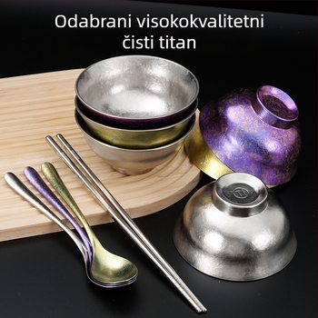 Set zdjela, žlice i štapići od čistog titana – okrugli oblik, uzorak valovitih točkica, lagani luksuzni retro stil, spreman za poklon