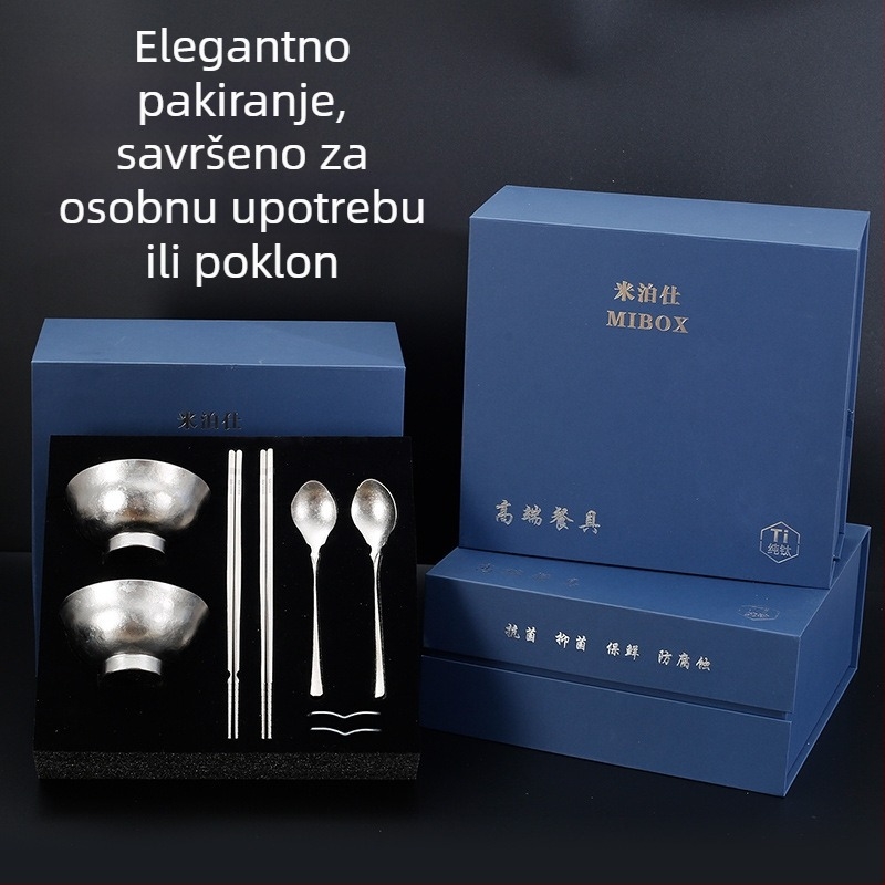 Set zdjela, žlice i štapići od čistog titana – okrugli oblik, uzorak valovitih točkica, lagani luksuzni retro stil, spreman za poklon