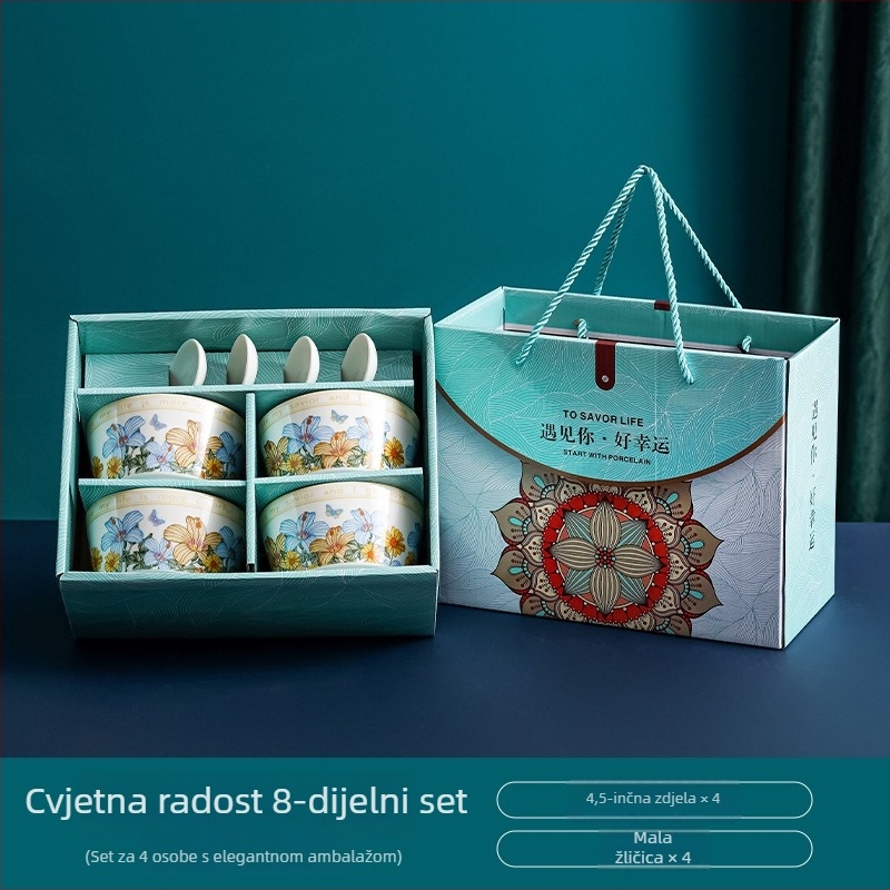 Keramički set posuđa za stol s floralnim decal uzorkom, kutija za poklon, mikrovalna sigurnost, prilagodljivo, 12- ili 13-dijelni, prvoklasna kvaliteta, lagani retro luksuz stil