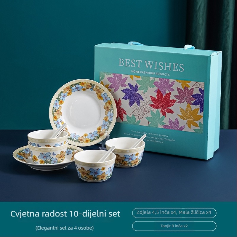 Keramički set posuđa za stol s floralnim decal uzorkom, kutija za poklon, mikrovalna sigurnost, prilagodljivo, 12- ili 13-dijelni, prvoklasna kvaliteta, lagani retro luksuz stil