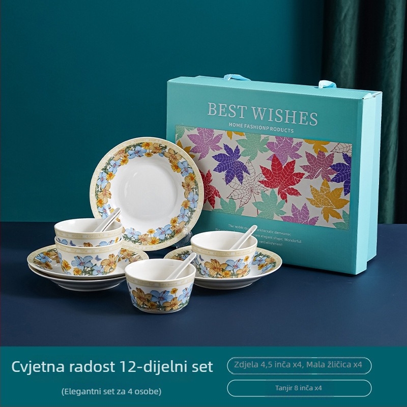 Keramički set posuđa za stol s floralnim decal uzorkom, kutija za poklon, mikrovalna sigurnost, prilagodljivo, 12- ili 13-dijelni, prvoklasna kvaliteta, lagani retro luksuz stil
