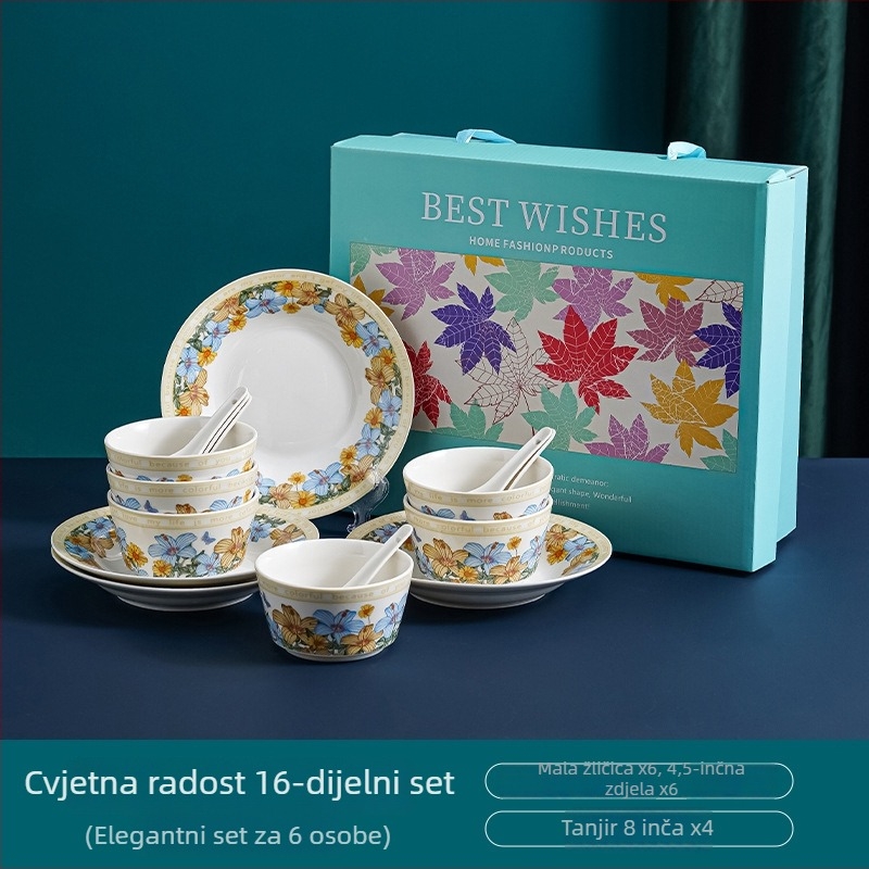 Keramički set posuđa za stol s floralnim decal uzorkom, kutija za poklon, mikrovalna sigurnost, prilagodljivo, 12- ili 13-dijelni, prvoklasna kvaliteta, lagani retro luksuz stil