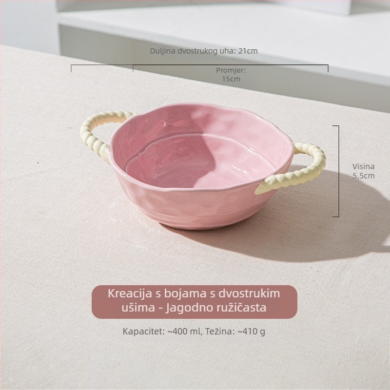 Keramična zdjela za juhu s dvije ručkice, nepravilnog oblika, pastoralnog stila, otporna na mikrovalnu
