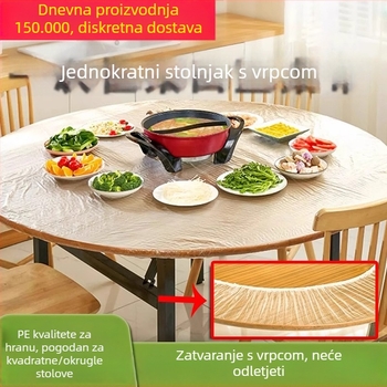 Jednokratni stolnjak za kružne ili kvadratne stolove, plastika (PE), proziran uzorak, mogućnost prilagodbe.