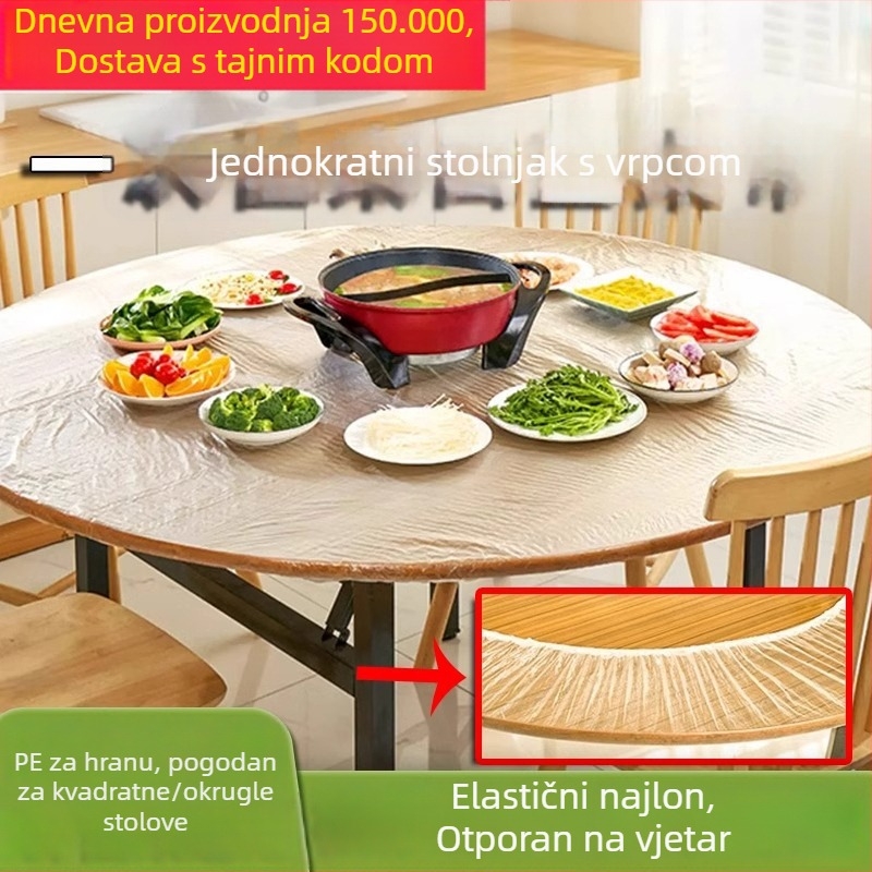 Jednokratni stolnjak za kružne ili kvadratne stolove, plastika (PE), proziran uzorak, mogućnost prilagodbe.
