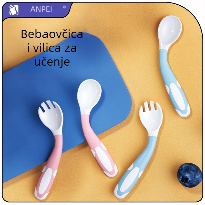 AnPi set za hranjenje beba – trening žličica i vilica sa savitljivim dizajnom lakta, PP+TPE, od 6 mjeseci
