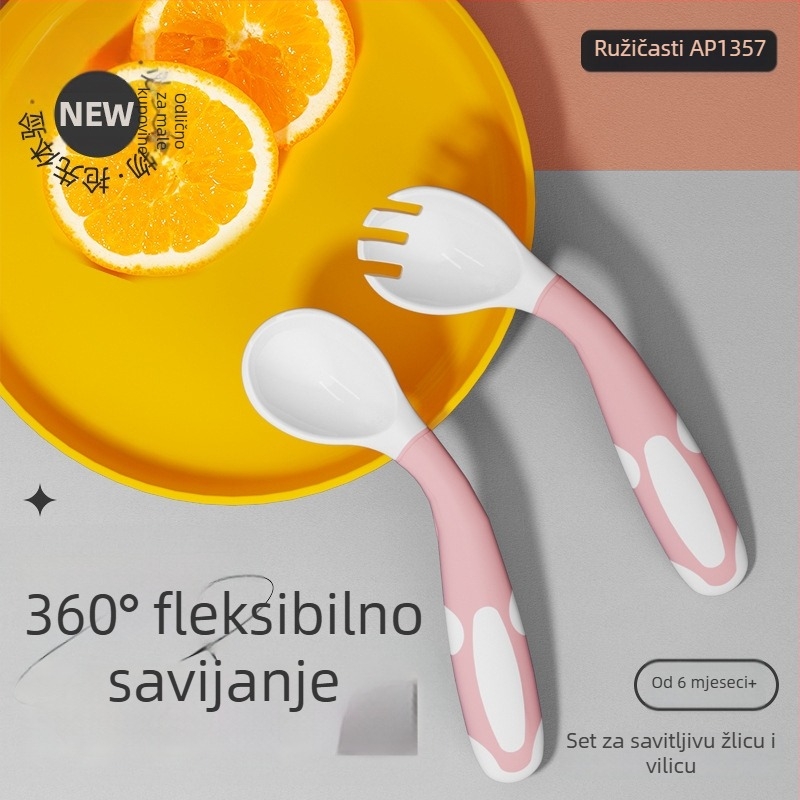 AnPi set za hranjenje beba – trening žličica i vilica sa savitljivim dizajnom lakta, PP+TPE, od 6 mjeseci