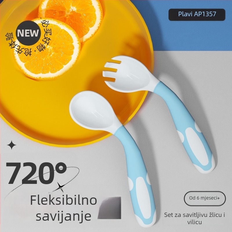 AnPi set za hranjenje beba – trening žličica i vilica sa savitljivim dizajnom lakta, PP+TPE, od 6 mjeseci