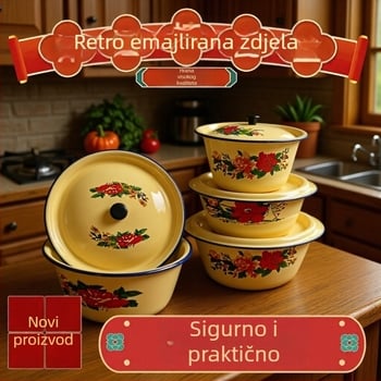 Emajlirani set posuđa s poklopcem – zdjele, štapići za jelo, emajlirana posuda i tradicionalno kuhinjsko posuđe