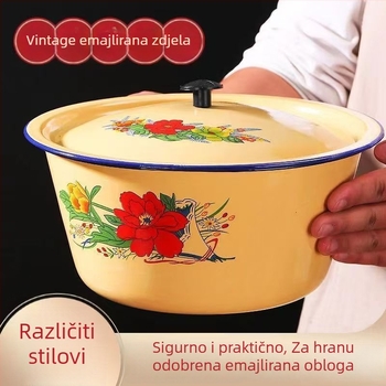 Emajlirani set posuđa s poklopcem – zdjele, štapići za jelo, emajlirana posuda i tradicionalno kuhinjsko posuđe
