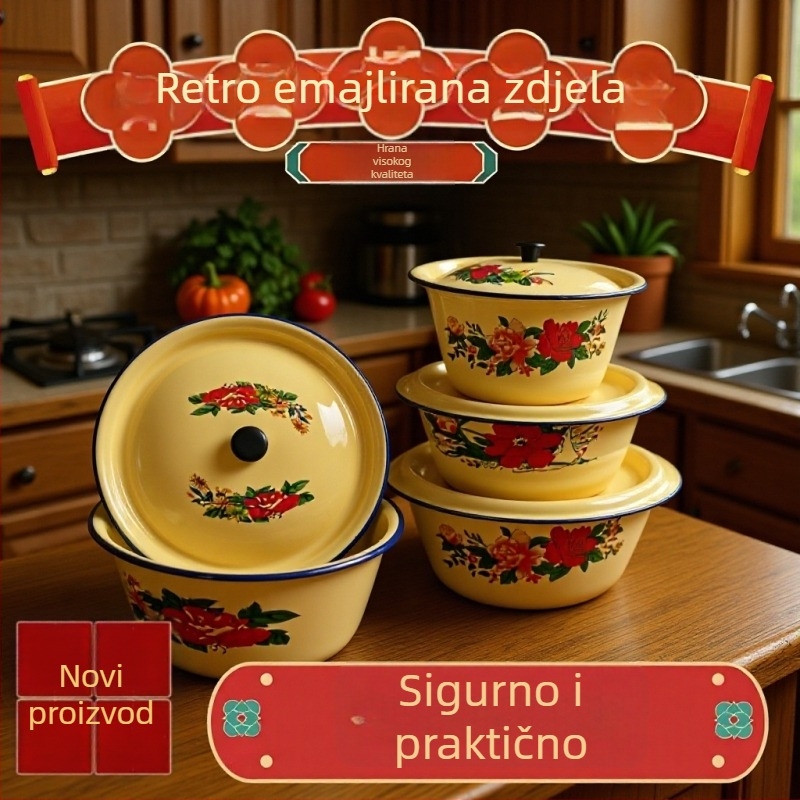 Emajlirani set posuđa s poklopcem – zdjele, štapići za jelo, emajlirana posuda i tradicionalno kuhinjsko posuđe