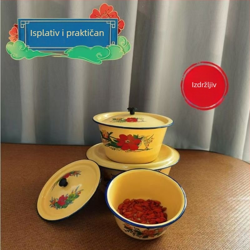 Emajlirani set posuđa s poklopcem – zdjele, štapići za jelo, emajlirana posuda i tradicionalno kuhinjsko posuđe