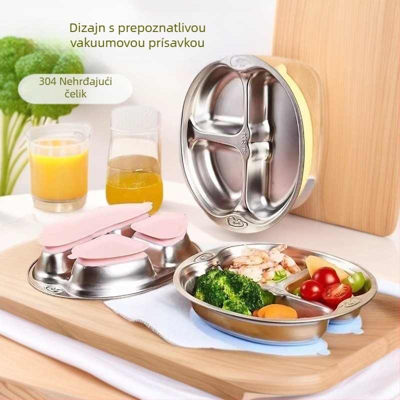 Dojenčanski tanjur za jelo s usisnom cup-om, 3 pretinca, od 304 nehrđajućeg čelika + silikona za hranu, samostalno hranjenje, 1 kom, za djecu od 6 mjeseci