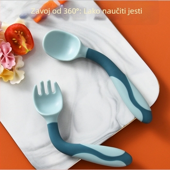 Silikonski set za hranjenje dojenčka: žlica i vilica, dizajn čudovišta, fleksibilna trenuta žlica s uvijanjem lakta, od 3 mjeseca