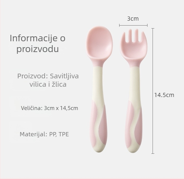 Silikonski set za hranjenje dojenčka: žlica i vilica, dizajn čudovišta, fleksibilna trenuta žlica s uvijanjem lakta, od 3 mjeseca
