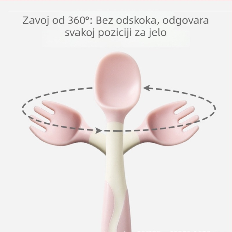 Silikonski set za hranjenje dojenčka: žlica i vilica, dizajn čudovišta, fleksibilna trenuta žlica s uvijanjem lakta, od 3 mjeseca