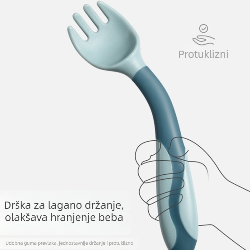 Silikonski set za hranjenje dojenčka: žlica i vilica, dizajn čudovišta, fleksibilna trenuta žlica s uvijanjem lakta, od 3 mjeseca