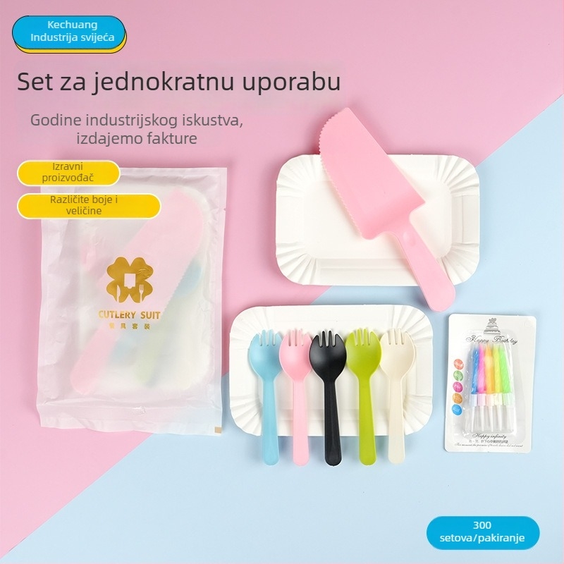 Jednokratni set za tortu: pladanj, nože i vilice – plastika, pravokutni oblik, 5 noževa i 5 vilica