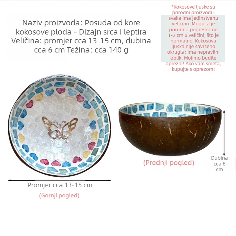 Set zdjela od kokosove ljuske s površinom ukrašenom školjkama — okrugle, s pretincom za ključeve, za grickalice i voće, orašaste plodove i suho voće (nije pogodno za mikrovalnu)