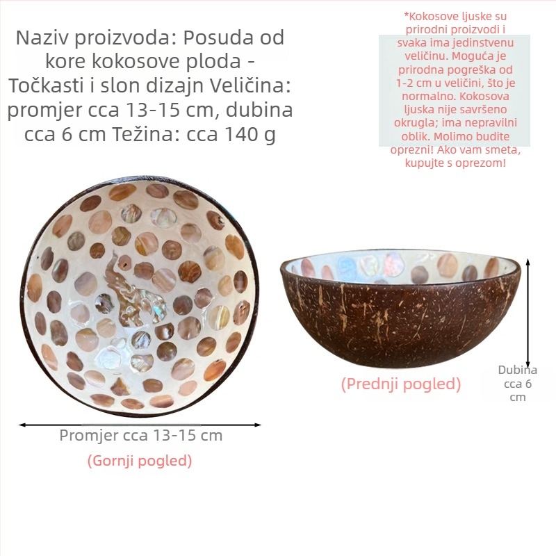 Set zdjela od kokosove ljuske s površinom ukrašenom školjkama — okrugle, s pretincom za ključeve, za grickalice i voće, orašaste plodove i suho voće (nije pogodno za mikrovalnu)