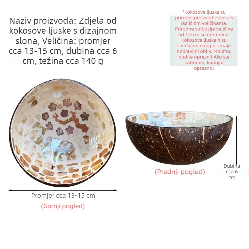 Set zdjela od kokosove ljuske s površinom ukrašenom školjkama — okrugle, s pretincom za ključeve, za grickalice i voće, orašaste plodove i suho voće (nije pogodno za mikrovalnu)