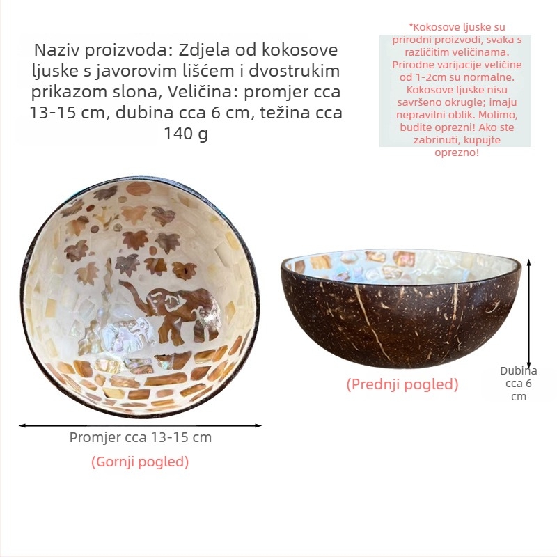 Set zdjela od kokosove ljuske s površinom ukrašenom školjkama — okrugle, s pretincom za ključeve, za grickalice i voće, orašaste plodove i suho voće (nije pogodno za mikrovalnu)