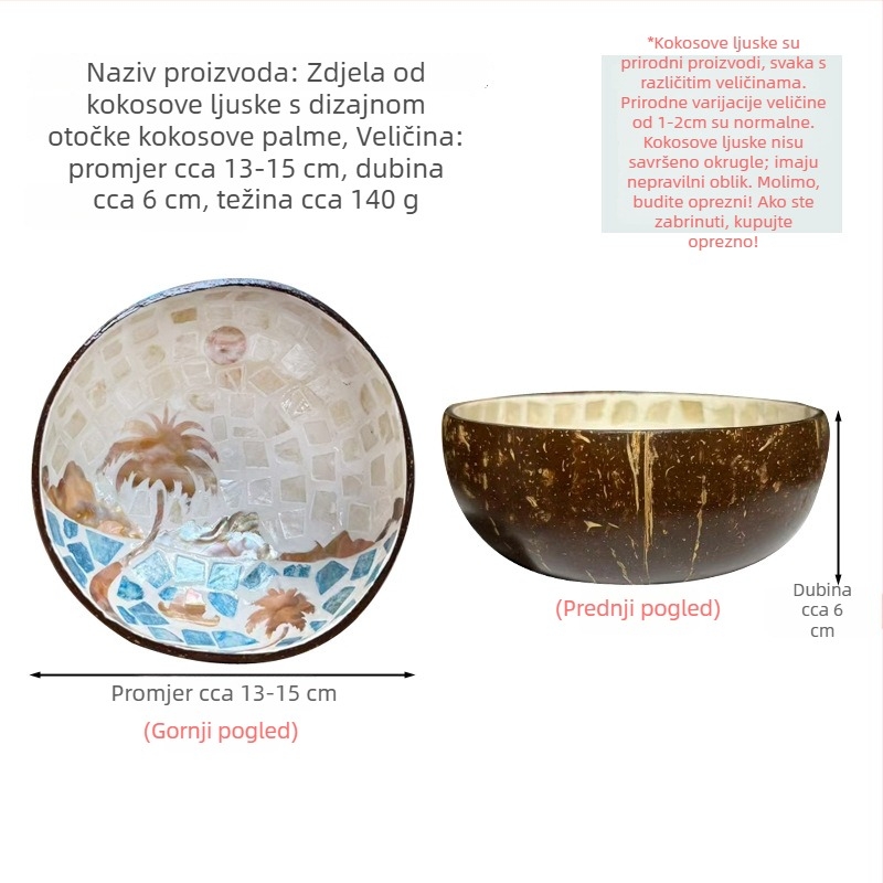 Set zdjela od kokosove ljuske s površinom ukrašenom školjkama — okrugle, s pretincom za ključeve, za grickalice i voće, orašaste plodove i suho voće (nije pogodno za mikrovalnu)