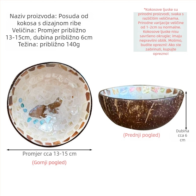 Set zdjela od kokosove ljuske s površinom ukrašenom školjkama — okrugle, s pretincom za ključeve, za grickalice i voće, orašaste plodove i suho voće (nije pogodno za mikrovalnu)