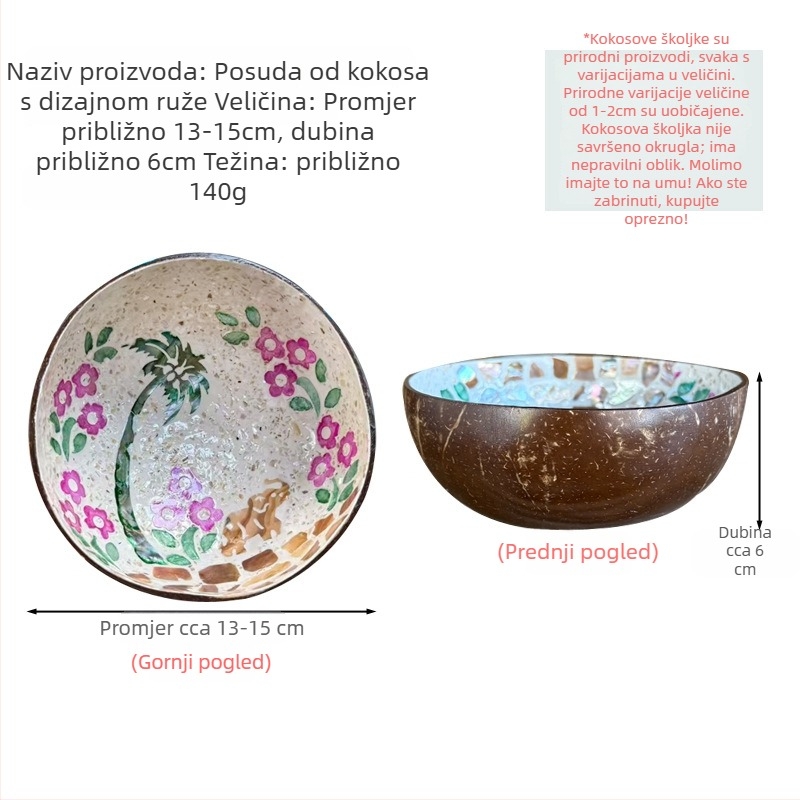 Set zdjela od kokosove ljuske s površinom ukrašenom školjkama — okrugle, s pretincom za ključeve, za grickalice i voće, orašaste plodove i suho voće (nije pogodno za mikrovalnu)