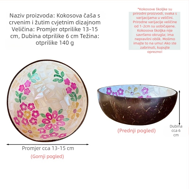 Set zdjela od kokosove ljuske s površinom ukrašenom školjkama — okrugle, s pretincom za ključeve, za grickalice i voće, orašaste plodove i suho voće (nije pogodno za mikrovalnu)