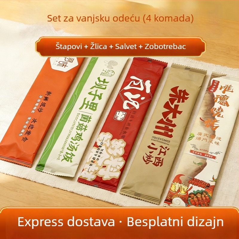 Jednokratni set posuđa za dostavu: štapići za jelo, žlice, ubrusi i čačkalice; plastika; mogućnost tiska logotipa; prilagodljiv; pravokutnog oblika; 100 komada u kutiji; nije biološki razgradiv