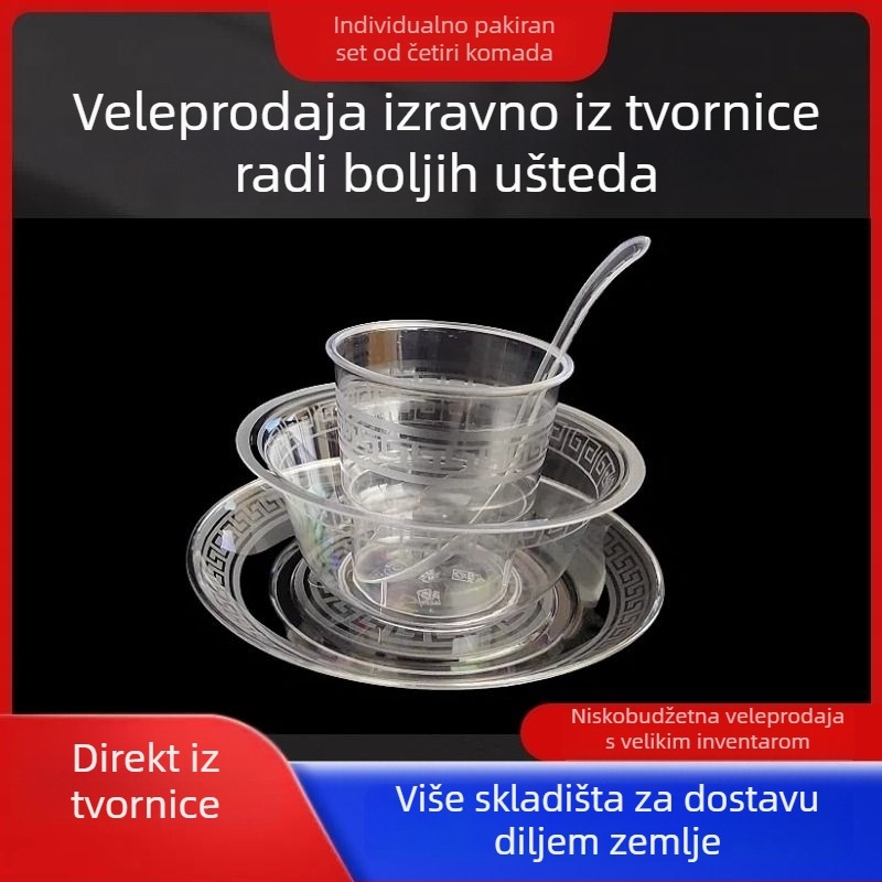 Jednokratno posuđe – plast za hranu, četverodijelni set zdjelica i štapića; trodijelni set šalice i tanjura