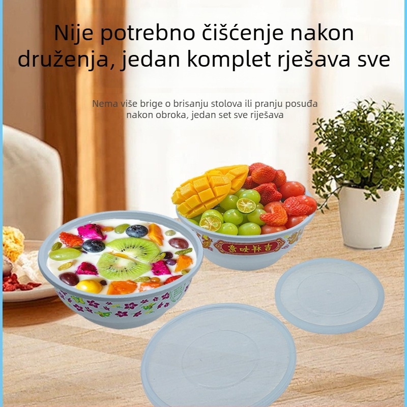 Jednokratna okrugla zdjela od prehrambenog PP materijala, prilagodljiva logotipu, nije pogodno za mikrovalnu pećnicu, biološki razgradiva.