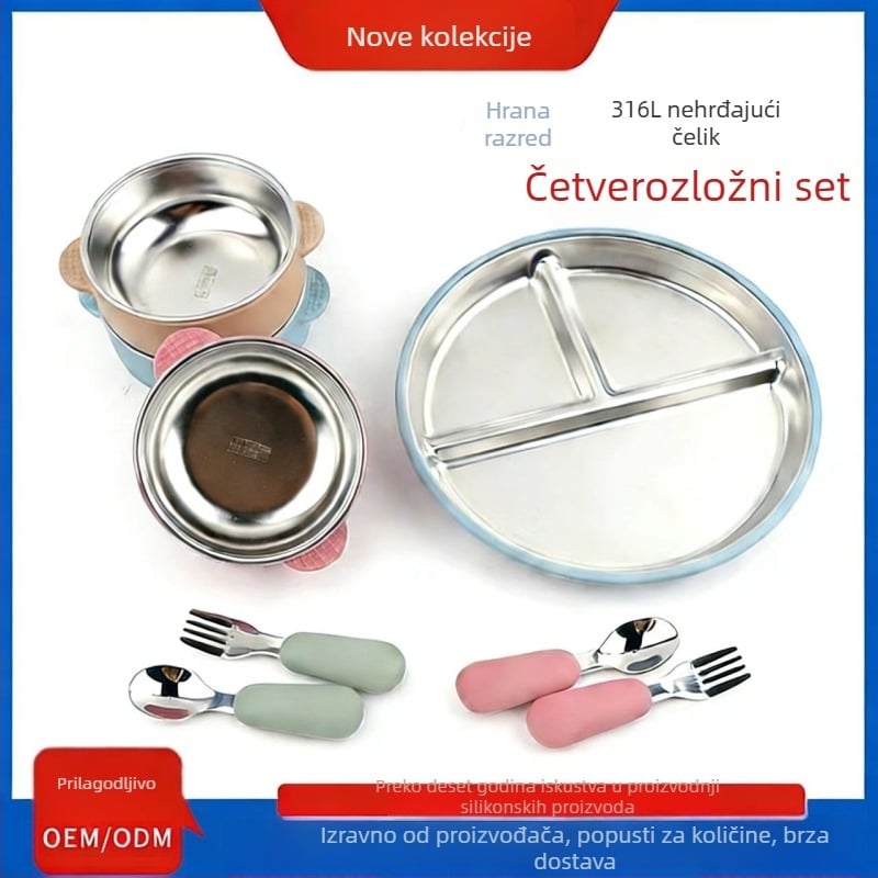 Dječji set za prehranu od nehrđajućeg čelika: tanjur s tri odjeljka, zdjela s dvije ručke, usisna baza i pribor ( vilica i žlica ); 304 nehrđajući čelik; za dob 6 mjeseci i više; set od 4 komada