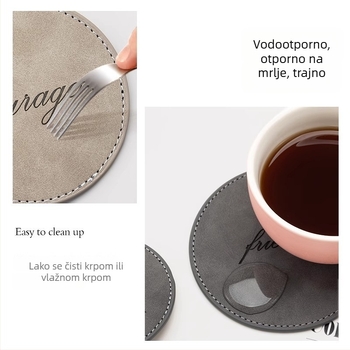 Kružna kožna podložka za čaše, dvostruka izolacija, protuklizna, vodootporna — moderni minimalistički stil.