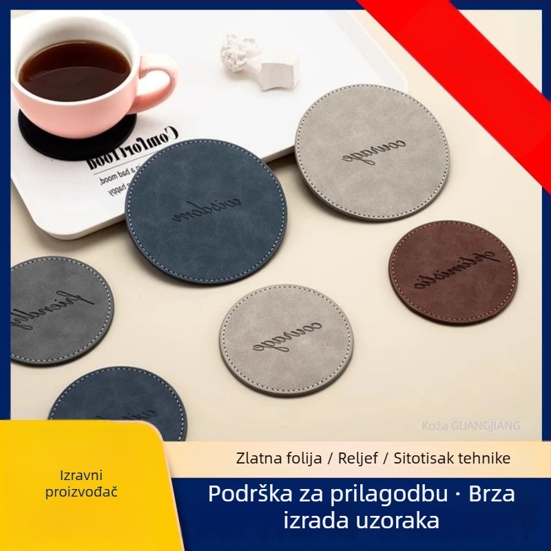 Kružna kožna podložka za čaše, dvostruka izolacija, protuklizna, vodootporna — moderni minimalistički stil.