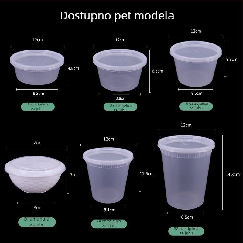 Jednokratna plastična zdjela s poklopcem za zapakiranu hranu; nepropusna čaša za juhu; kutija za desert s četiri voća; rok trajanja 3 godine; marka Famous Glory