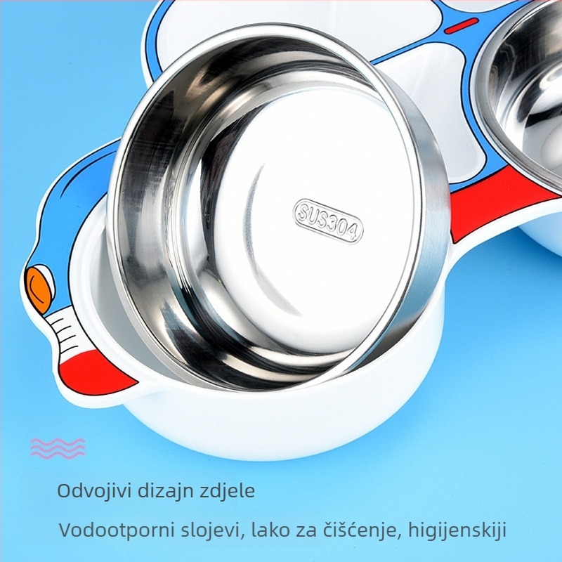 Set dječjih tanjura od nehrđajućeg čelika 304 – tanjur s pet odjeljaka i priborom ( vilica i žlica ), cartoon auto tema, zaštita od opeklina, za dom i vrtić, od 3 mjeseca