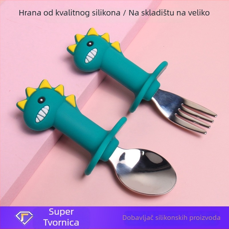Set dječjih pribora: silikonska žlica i nehrđajući vilica, 2-djelni set, dinosaurus dizajn, za djecu od 6 mjeseci