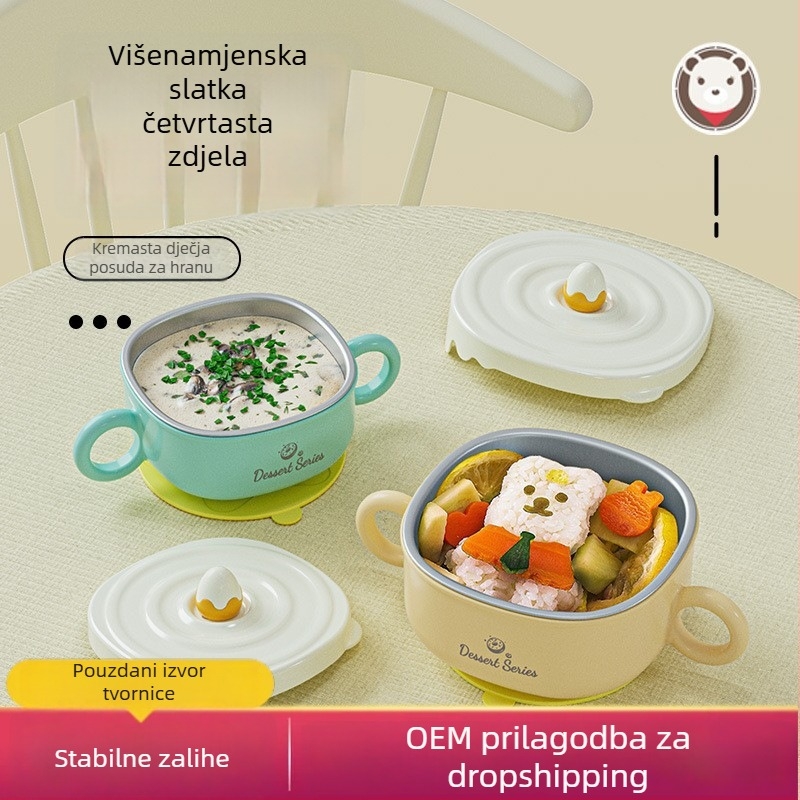 Posuda za hranu za bebe od 316 nehrđajućeg čelika, s držačem, otpornost na padove, za bebe starije od 6 mjeseci, crtani stil svježe i slatko, Jiayi Beibi