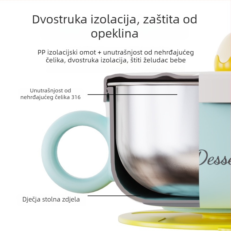 Posuda za hranu za bebe od 316 nehrđajućeg čelika, s držačem, otpornost na padove, za bebe starije od 6 mjeseci, crtani stil svježe i slatko, Jiayi Beibi