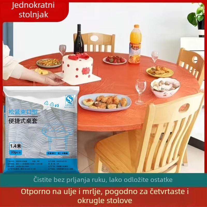 Jednokratni plastični stolnjak s elastičnim šnurom, proziran, okrugli, promjer 0,8–1,8 m, za kućnu i restoransku upotrebu